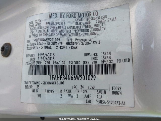 2006 FORD FOCUS S/SE/SES VIN: 1FAHP34N66W201029