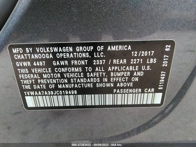 1VWAA7A39JC019498 Volkswagen Passat 2.0t S/r-line
