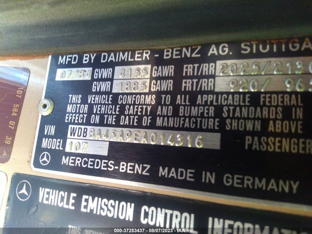 1984 MERCEDES-BENZ 380 SL VIN: WDBBA45A9EA014316