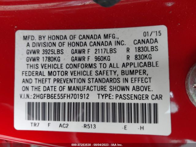 2HGFB6E55FH701912 Honda Civic Sedan Si