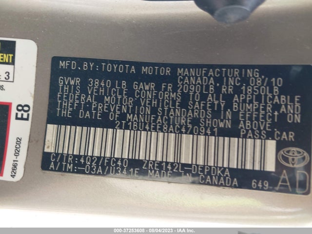 2010 TOYOTA COROLLA VIN: 2T1BU4EE8AC470941