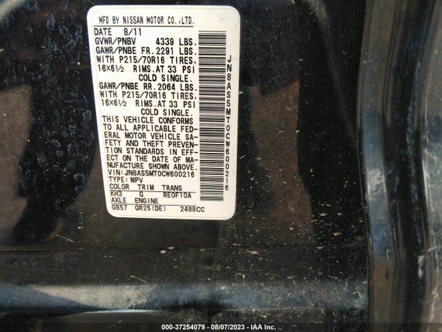 37254079 :رقم المزاد ، JN8AS5MT0CW600216 vin ، 2012 Nissan Rogue S مزاد بيع