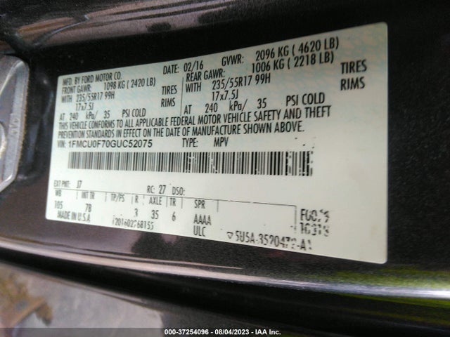 2016 FORD ESCAPE S VIN: 1FMCU0F70GUC52075