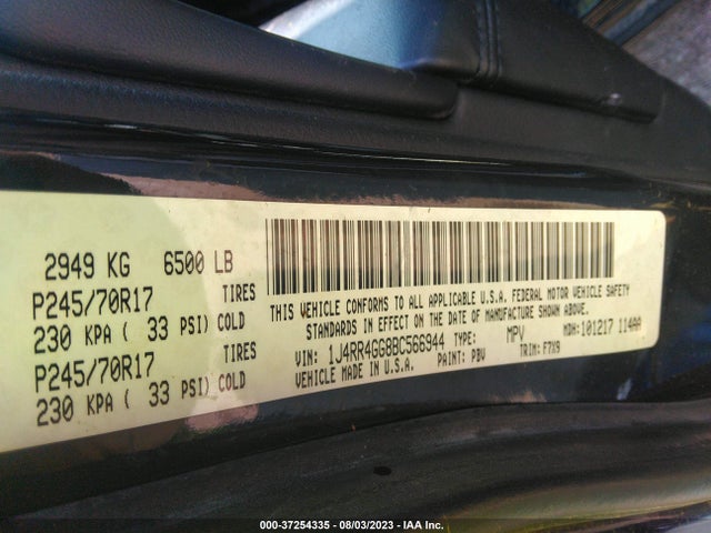 2011 JEEP GRAND CHEROKEE LAREDO VIN: 1J4RR4GG8BC566944