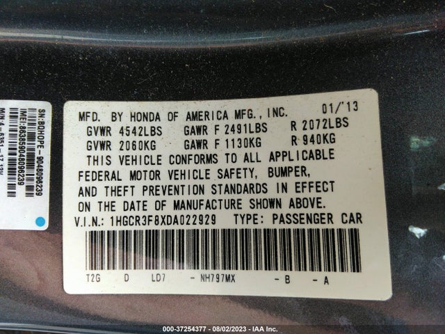 2013 HONDA ACCORD SDN EX-L VIN: 1HGCR3F8XDA022929