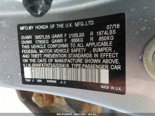 Honda Civic Hatchback Ex-l Navi 2018 SHHFK7H73JU233418 Image 9