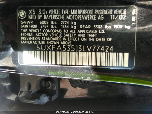 2003 BMW X5 3.0I VIN: 5UXFA53513LV77424