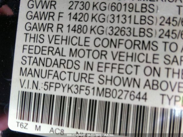 5FPYK3F51MB027644 Honda Ridgeline Awd Rtl