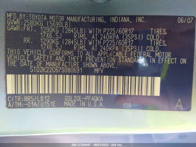2007 TOYOTA SIENNA XLE VIN: 5TDZK22C67S080691