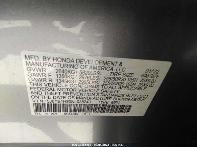 5J8YE1H80NL038243 Acura Mdx W/advance Package