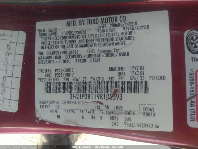 2009 FORD FUSION SEL VIN: 3FAHP08119R108593