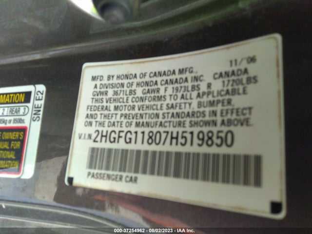 2007 HONDA CIVIC CPE EX VIN: 2HGFG11807H519850