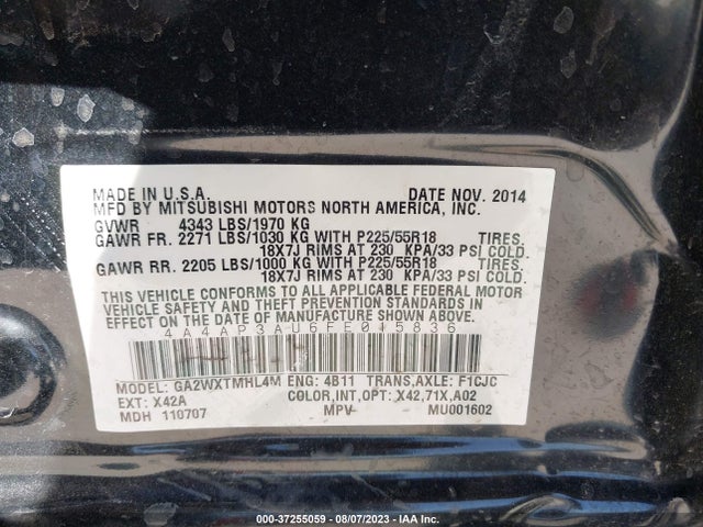 4A4AP3AU6FE015836 Mitsubishi Outlander Sport Es