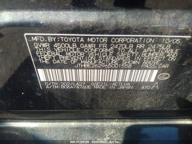 2006 LEXUS IS 350 AUTO VIN: JTHBE262965001558