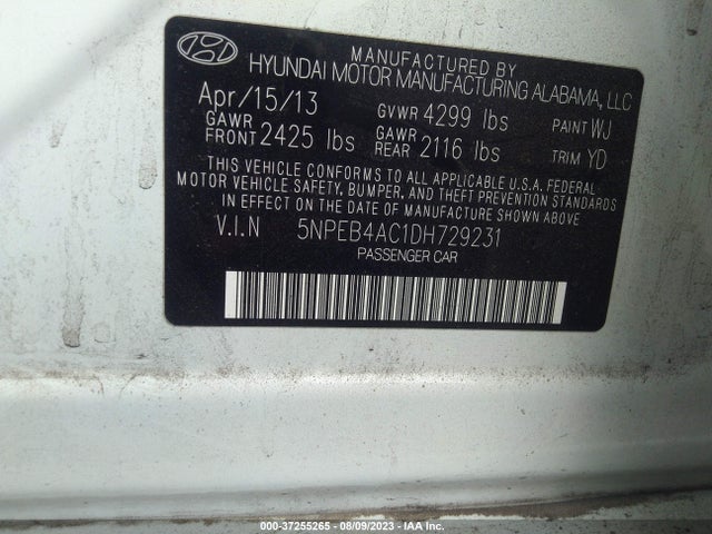 2013 HYUNDAI SONATA GLS PZEV VIN: 5NPEB4AC1DH729231
