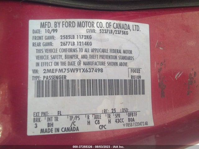 2000 MERCURY GRAND MARQUIS LS VIN: 2MEFM75W9YX637498