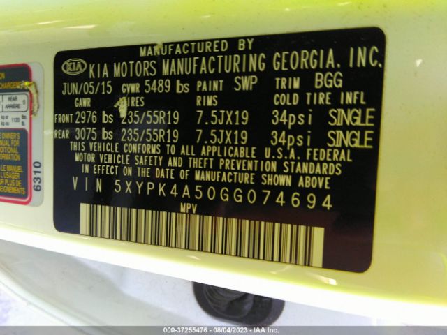 5XYPK4A50GG074694 KIA SORENTO SX