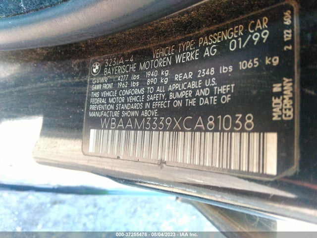 1999 BMW 3 SERIES 323I VIN: WBAAM3339XCA81038