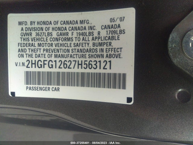 2007 HONDA CIVIC CPE LX VIN: 2HGFG12627H563121