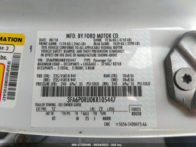 3FA6P0RU0KR105447 Ford Fusion Hybrid Titanium