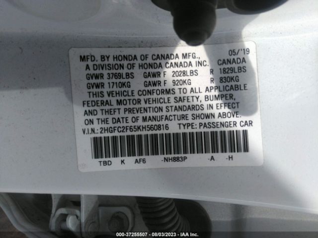 2HGFC2F65KH560816 Honda Civic Sedan Lx