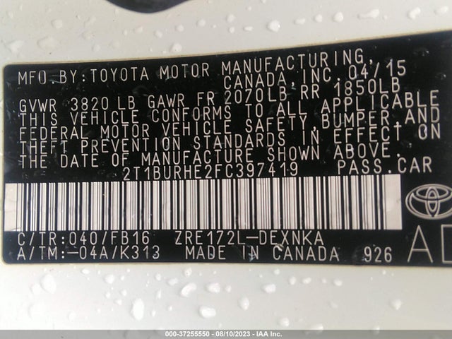 2015 TOYOTA COROLLA L/LE/S/S PLUS/LE PLUS VIN: 2T1BURHE2FC397419