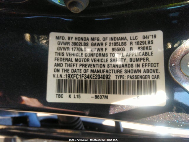 Honda Civic Sedan Ex 2019 19XFC1F34KE204092 Image 9