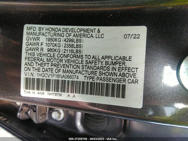 2022 HONDA ACCORD SEDAN LX VIN: 1HGCV1F16NA066074