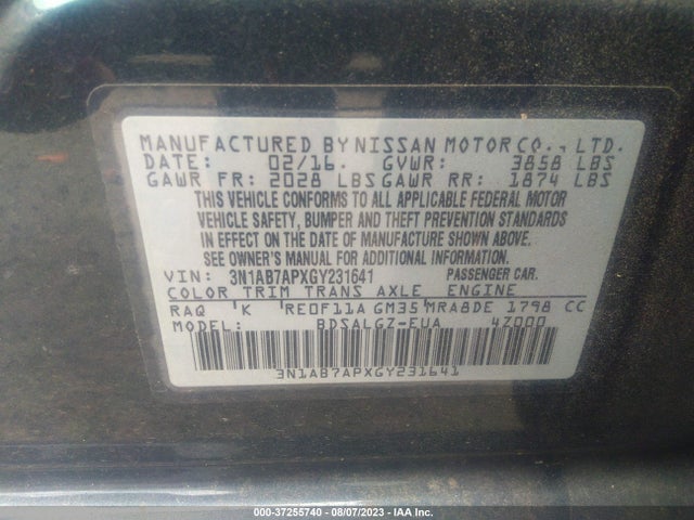 2016 NISSAN SENTRA SL VIN: 3N1AB7APXGY231641