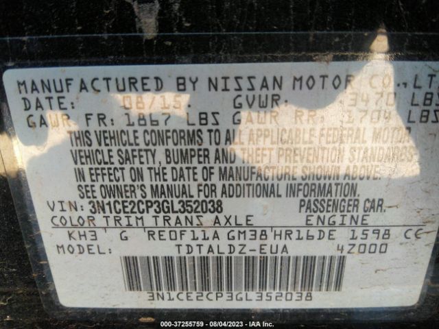 3N1CE2CP3GL352038 Nissan Versa Note S/s Plus/sv/sr/sl