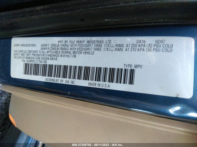 2007 SUBARU LEGACY WAGON OUTBACK VIN: 4S4BP61C177341789