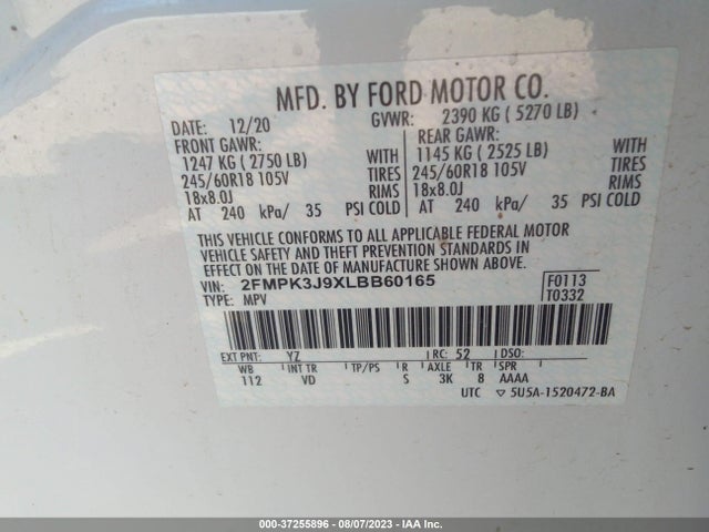 2020 FORD EDGE SEL VIN: 2FMPK3J9XLBB60165