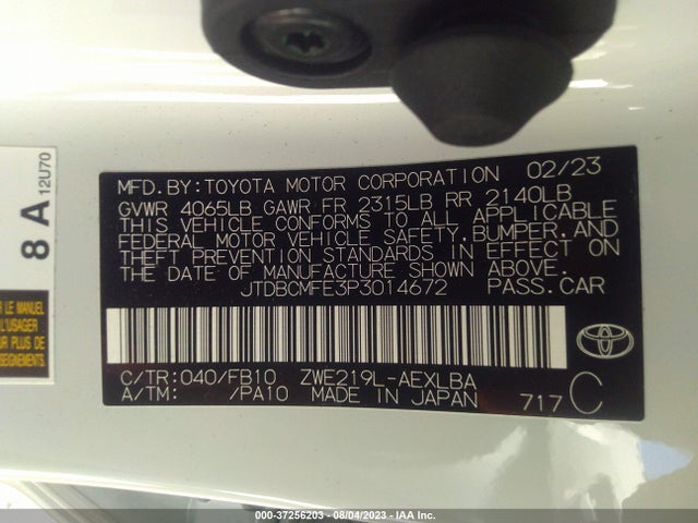 2023 TOYOTA COROLLA HYBRID VIN: JTDBCMFE3P3014672