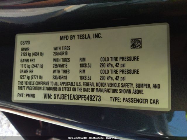 5YJ3E1EA3PF549273 Tesla MODEL 3