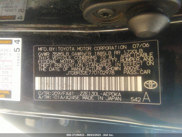 2007 TOYOTA COROLLA CE/S/LE VIN: JTDBR32E770102978