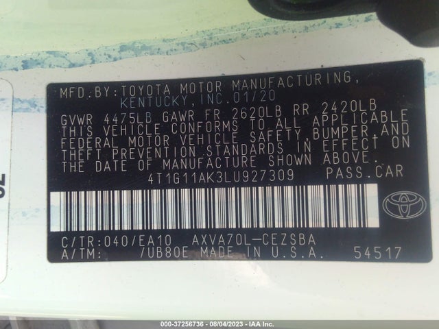 Toyota CAMRY SE 2020 4T1G11AK3LU927309 Image 9