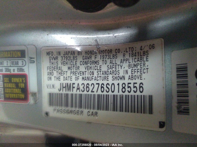 2006 HONDA CIVIC HYBRID VIN: JHMFA36276S018556