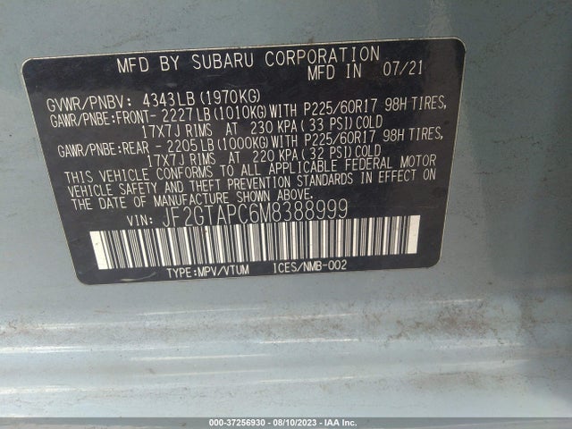 2021 SUBARU CROSSTREK PREMIUM VIN: JF2GTAPC6M8388999