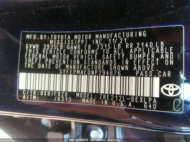 2022 TOYOTA COROLLA LE VIN: 5YFEPMAE0NP294676