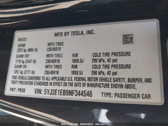 Tesla Model 3 Long Range 2022 5YJ3E1EB9NF344546 Image 9
