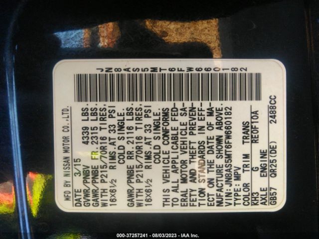 JN8AS5MT6FW660182 Nissan Rogue Select S
