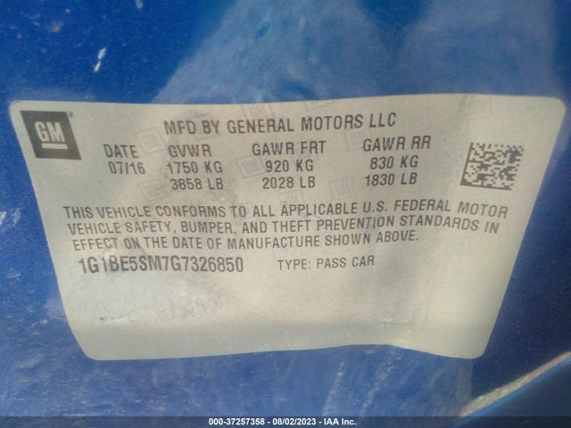 Chevrolet CRUZE LT 2016 1G1BE5SM7G7326850 Image 9