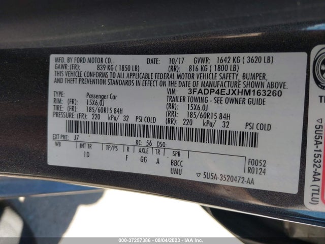 2017 FORD FIESTA SE VIN: 3FADP4EJXHM163260