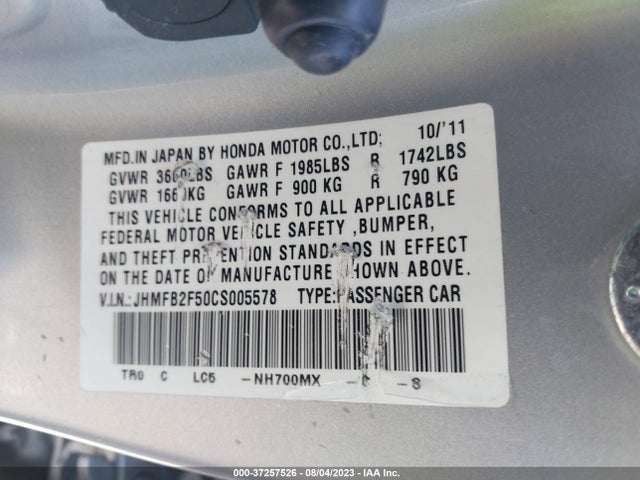 2012 HONDA CIVIC SDN LX VIN: JHMFB2F50CS005578