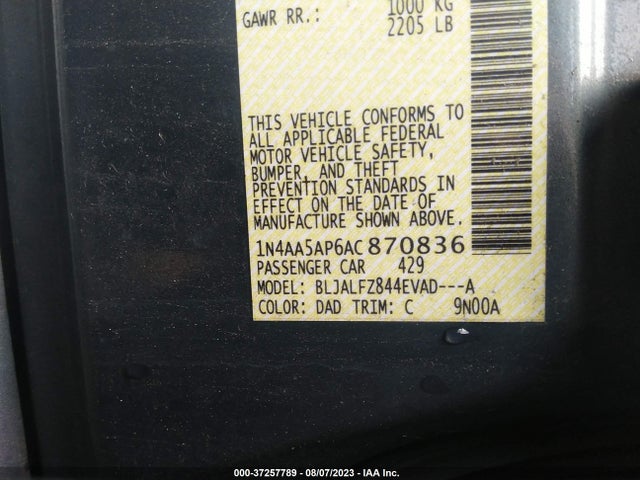 2010 NISSAN MAXIMA 3.5 SV VIN: 1N4AA5AP6AC870836