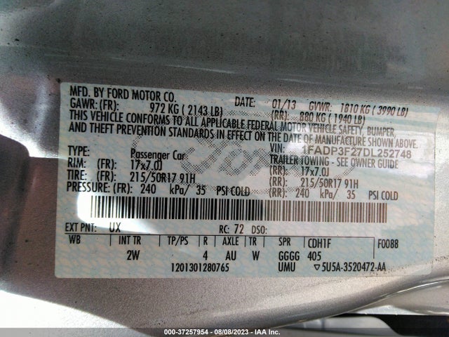 2013 FORD FOCUS SE VIN: 1FADP3F27DL252748