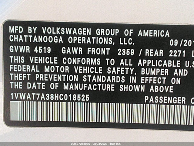1VWAT7A38HC018525 Volkswagen Passat 1.8t S