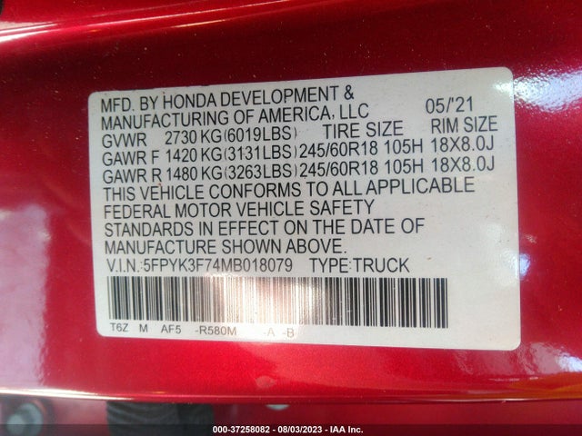 Honda Ridgeline Rtl-e 2021 5FPYK3F74MB018079 Image 9