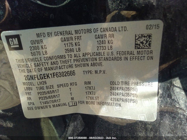 Chevrolet EQUINOX LT 2015 2GNFLGEK1F6302666 Image 9
