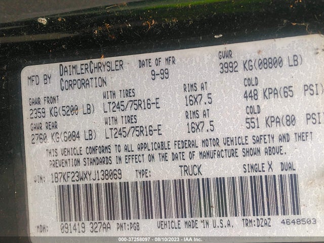 2000 DODGE RAM 2500 VIN: 1B7KF23WXYJ138069